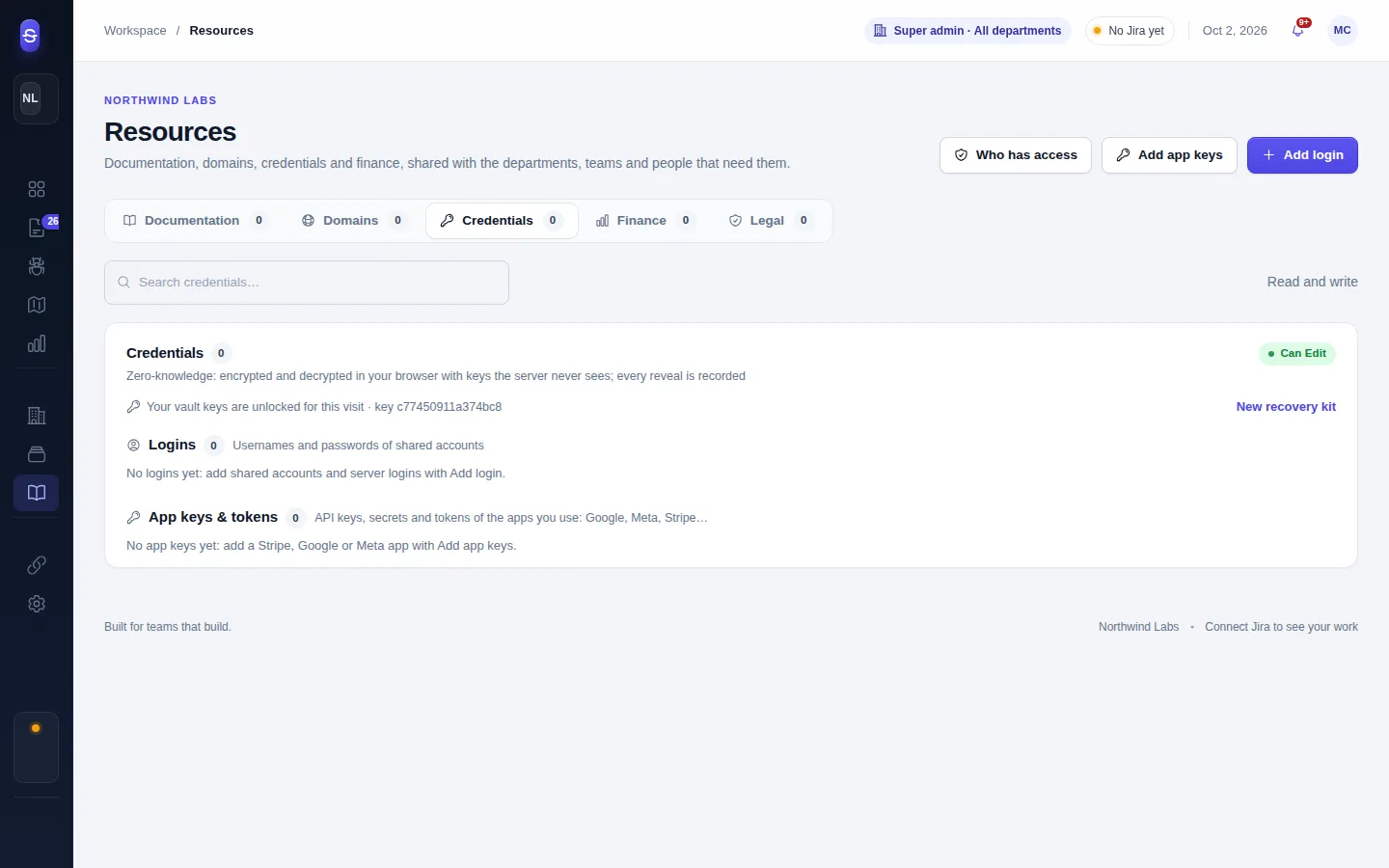 The credentials vault, unlocked in the browser